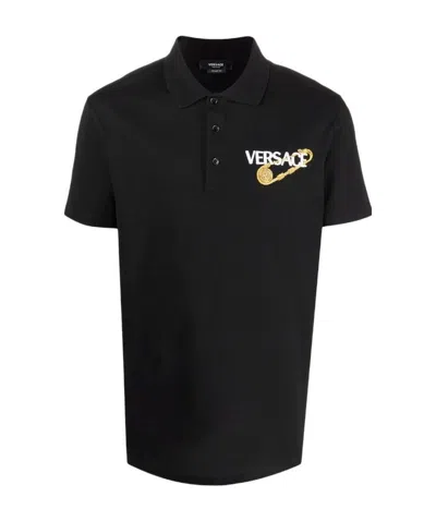 Versace Safety Pin Logo-embroidered Polo Shirt In Black
