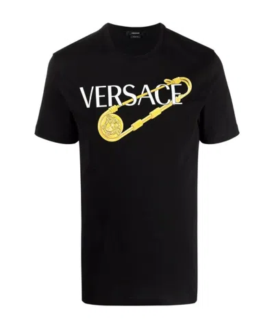 Versace Safety Pin Logo-print T-shirt In Black