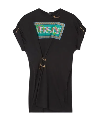 Versace Safety Pin Logo-print T-shirt In Black