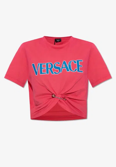 Versace Logo Cotton Cropped Top In Pink