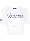 Versace Safety-pin Logo Embroidered Crop T-shirt In White