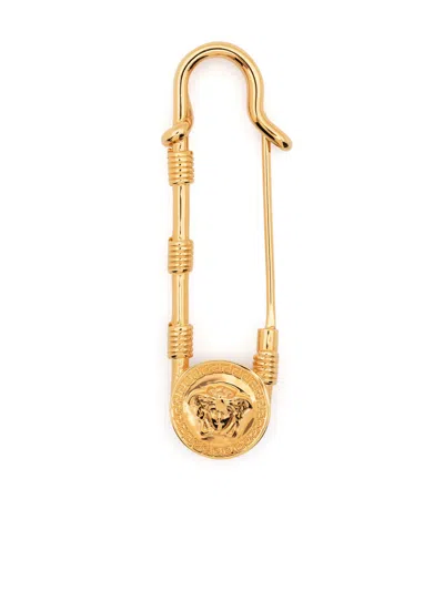 Versace Safety-pin Medusa Brooch In Metallic