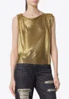 Versace Draped Metallic Knit Top With Safety Pin In Gold