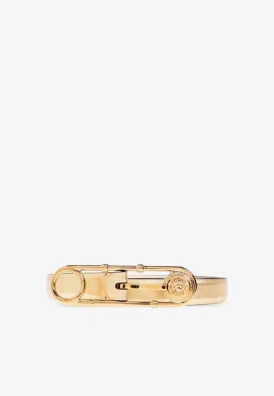 Versace Safety Pin Metallic Leather Belt In Gold