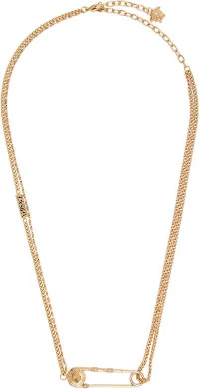 Versace Safety Pin Necklace In Gold
