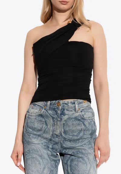 Versace Safety-pin One-shoulder Cropped Top In Black