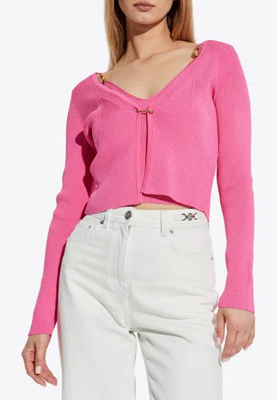 Versace Safety Pin Ribbed Cardigan In Pink
