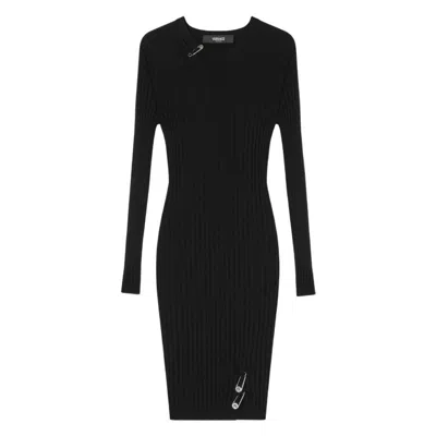 Versace Safety-pin Slit Vanise Knit Mini Dress In Black