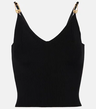 Versace Safety Pin Ribbed-knit Top In Black