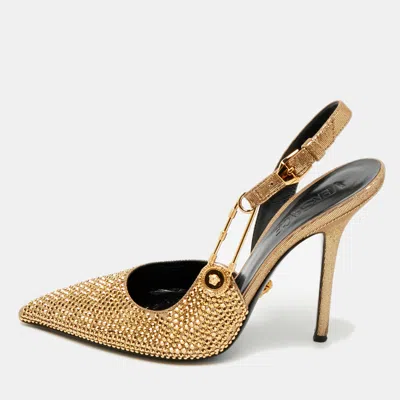 Pre-owned Versace Safety Pin Size 38 Gold Texture Suede Slingback Pumps