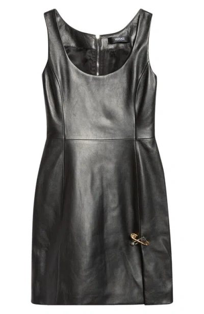 Versace Safety Pin Sleeveless Leather Minidress In Black