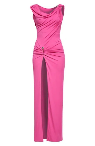 Versace Safety Pin Stretch Crepe Gown In Pink