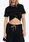 Versace Cropped T-shirt With Baroque Print Trim In Black