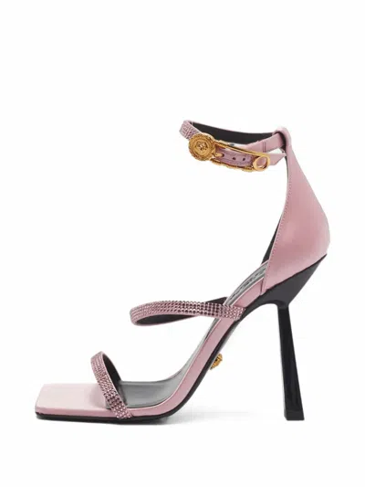 Pre-owned Versace Safety-pin Crystal-embellished Heeled Sandals In Pink