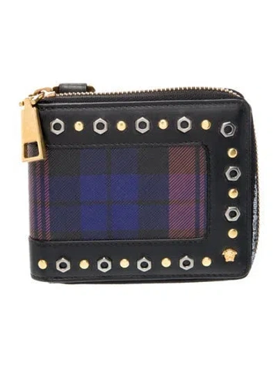 Pre-owned Versace Saffiano Leather Printed Wallet In Black