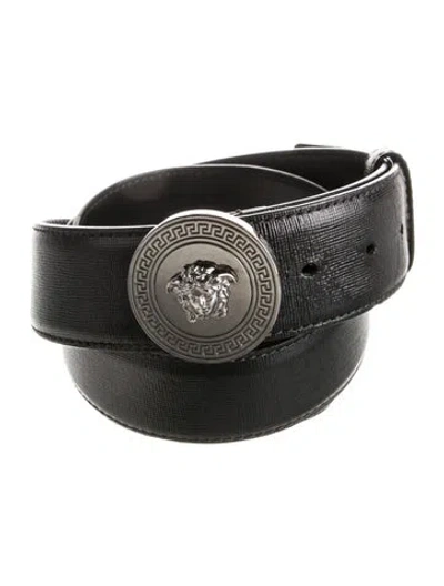 Pre-owned Versace Saffiano Leather Waist Belt In Black