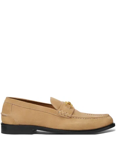 Versace Sand Brown Calf Suede Flat Shoes In Neutral