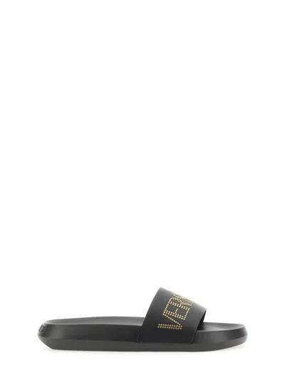 Versace Studded-logo Leather Slides In Black