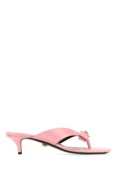 VERSACE VERSACE PINK SATIN GIANNI RIBBON THONG MULES
