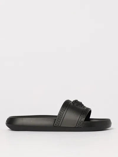 Versace Medusa Front Round Toe Flat Slides In Schwarz
