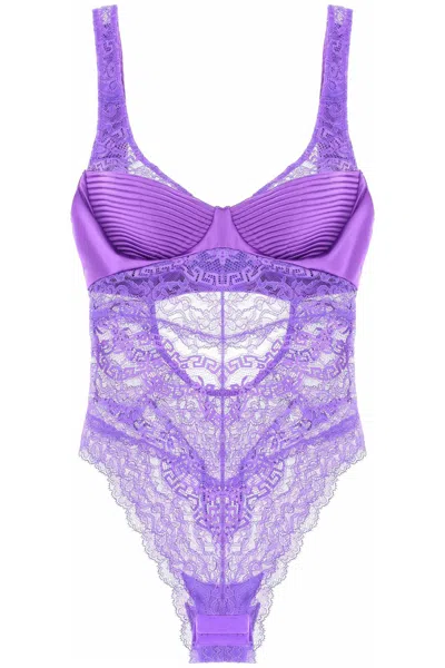 Versace Greca Lace Bustier Sleeveless Bodysuit In Purple