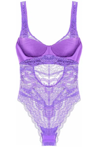 Versace 蕾丝细节连体紧身衣 In Purple