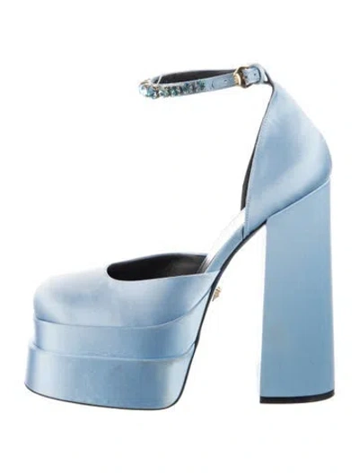 Pre-owned Versace Satin Crystal Embellishments D'orsay Pumps In Blue