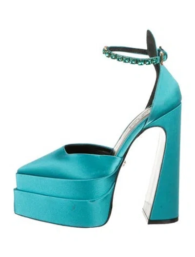 Pre-owned Versace Satin Crystal Embellishments D'orsay Pumps In Blue