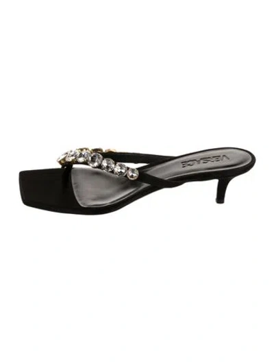 Pre-owned Versace Satin Crystal Embellishments Flip Flops In Black