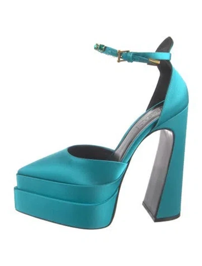 Pre-owned Versace Satin Crystal Embellishments Pumps In Blue