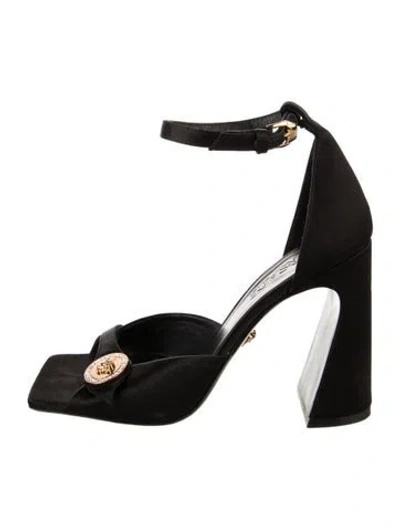 Pre-owned Versace Satin Crystal Embellishments Sandals In Black