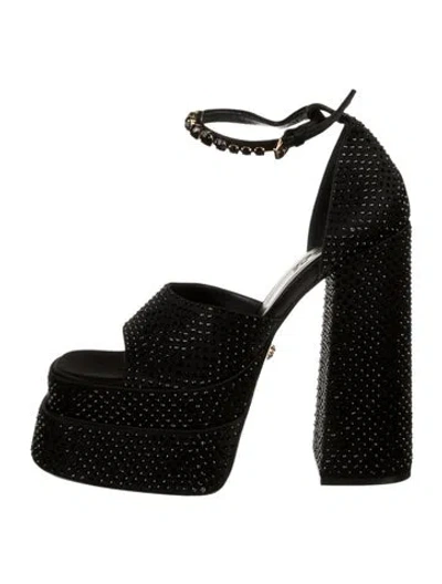 Pre-owned Versace Satin Crystal Embellishments Sandals In Black