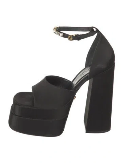 Pre-owned Versace Satin Crystal Embellishments Sandals In Black