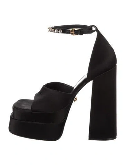 Pre-owned Versace Satin Crystal Embellishments Sandals In Black