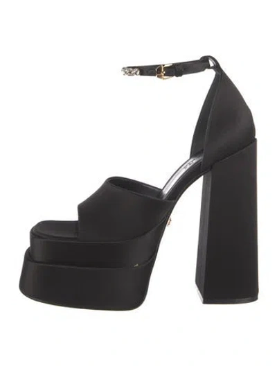 Pre-owned Versace Satin Crystal Embellishments Sandals In Black