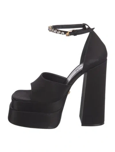 Pre-owned Versace Satin Crystal Embellishments Sandals In Black