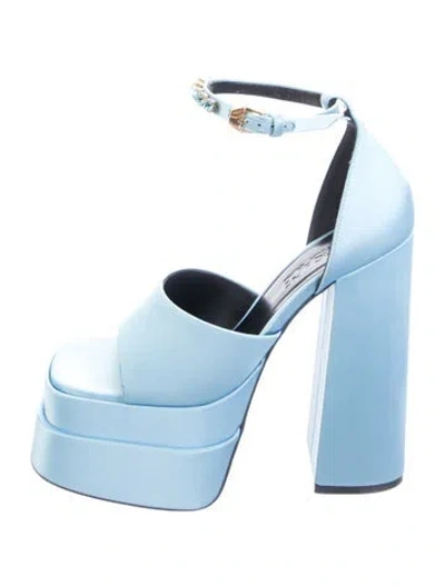 Pre-owned Versace Satin Crystal Embellishments Sandals In Blue