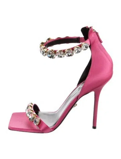 Pre-owned Versace Satin Crystal Embellishments Sandals In Pink
