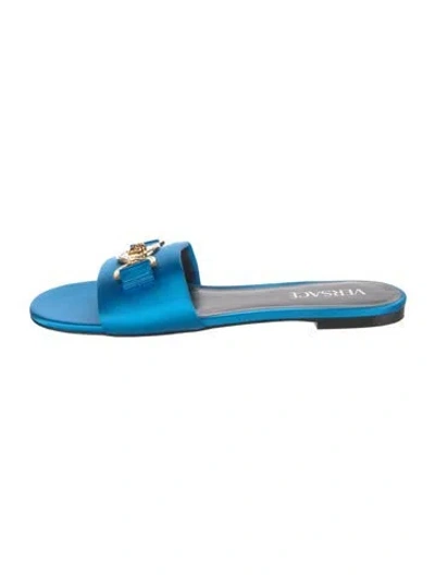 Pre-owned Versace Satin Crystal Embellishments Slides In Blue