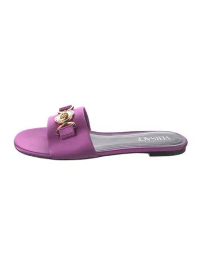 Pre-owned Versace Satin Crystal Embellishments Slides In Purple