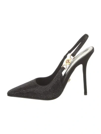 Pre-owned Versace Satin Crystal Embellishments Slingback Pumps In Black
