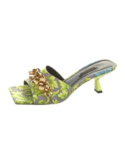 Pre-owned Versace Satin Floral Print Slides In Green