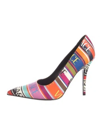 Pre-owned Versace Satin Graphic Print Pumps In Blue/orange