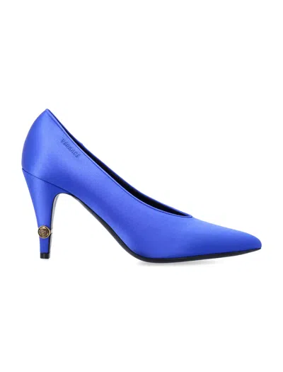 Versace Satin High Heels With Bejeweled Medusa Hardware And Pointed Toe In Blue