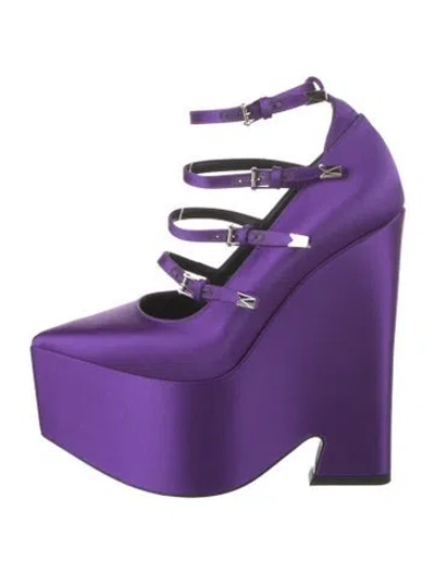 Pre-owned Versace Satin Leather Trim Embellishment Pumps In Purple