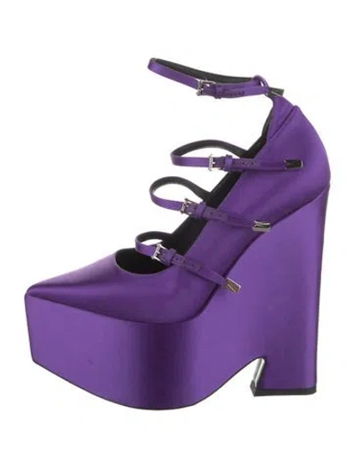 Pre-owned Versace Satin Leather Trim Embellishment Pumps In Purple