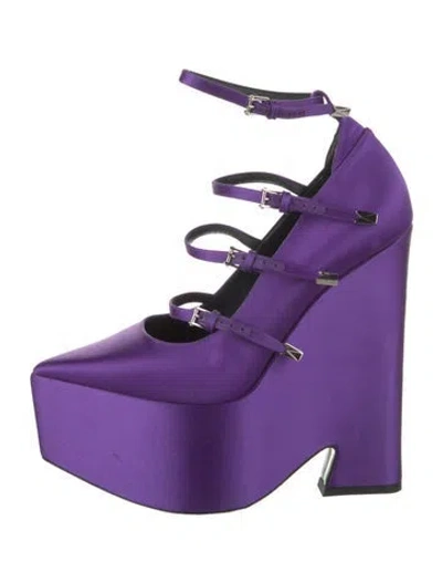 Pre-owned Versace Satin Leather Trim Embellishment Pumps In Purple