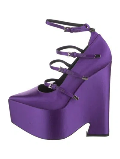 Pre-owned Versace Satin Leather Trim Embellishment Pumps In Purple