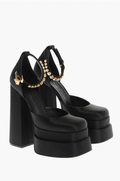 Versace Satin Platform Pumps With Jeweled Ankle Strap 16cm