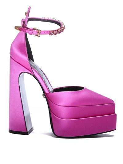 Versace Satin Platform Pumps With Rhinestones In Fuchsia